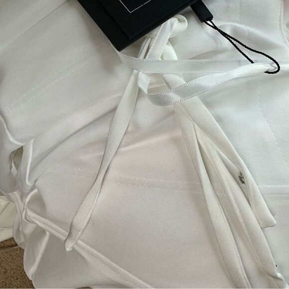 Mac Duggal 11441 White Feather Trim Off The Shoulder Column Gown | Size 10 - Picture 12 of 13